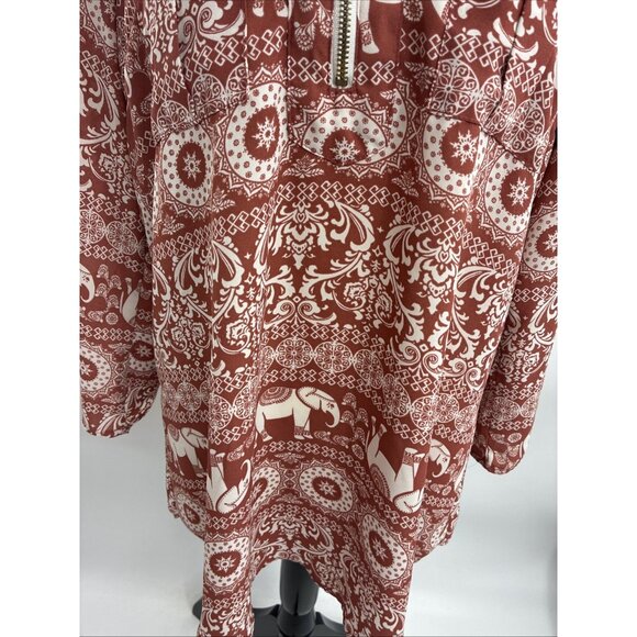 Rue21 Womens L Red White Boho Elephant Print Blouse Tunic Top Zip Front - Picture 2 of 6